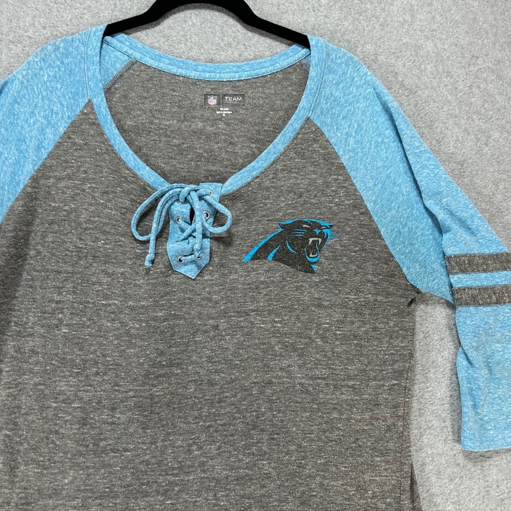 Carolina Panthers NFL Team Apparel Womens XL Grey Blue Lace Up Raglan Sporty